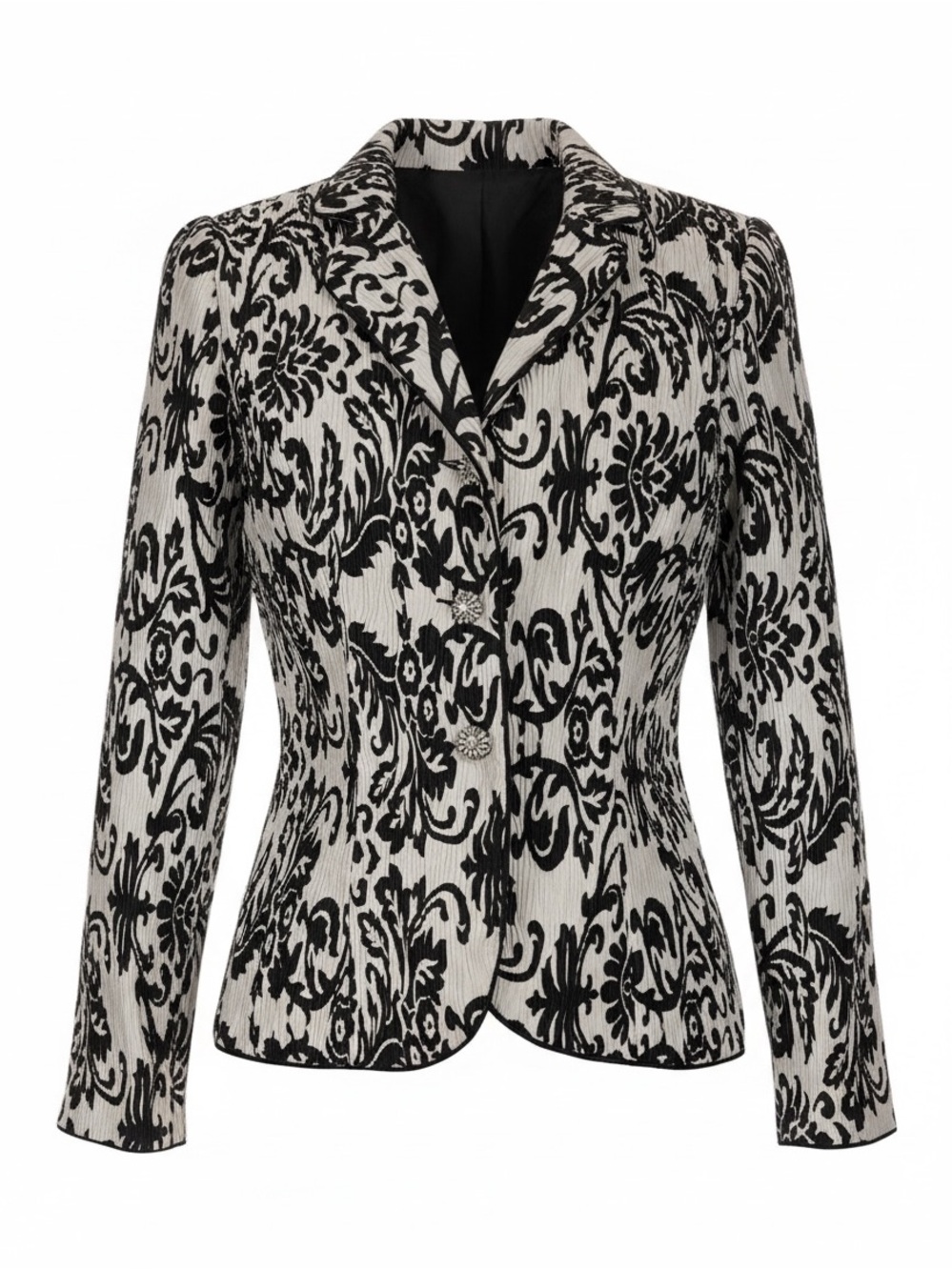 Vintage Jackie Jon Black White Damask Print Blazer Jeweled Buttons Sz 8